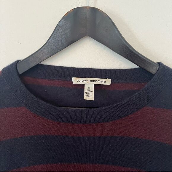 Autumn Cashmere Burgundy Navy Stripe Asymmetrical Hemline 100% Cashmere Sweater - Picture 7 of 7